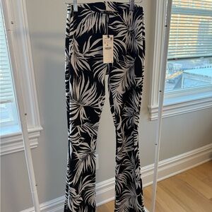Zara Black and Cream Leaf Print Flare Pants